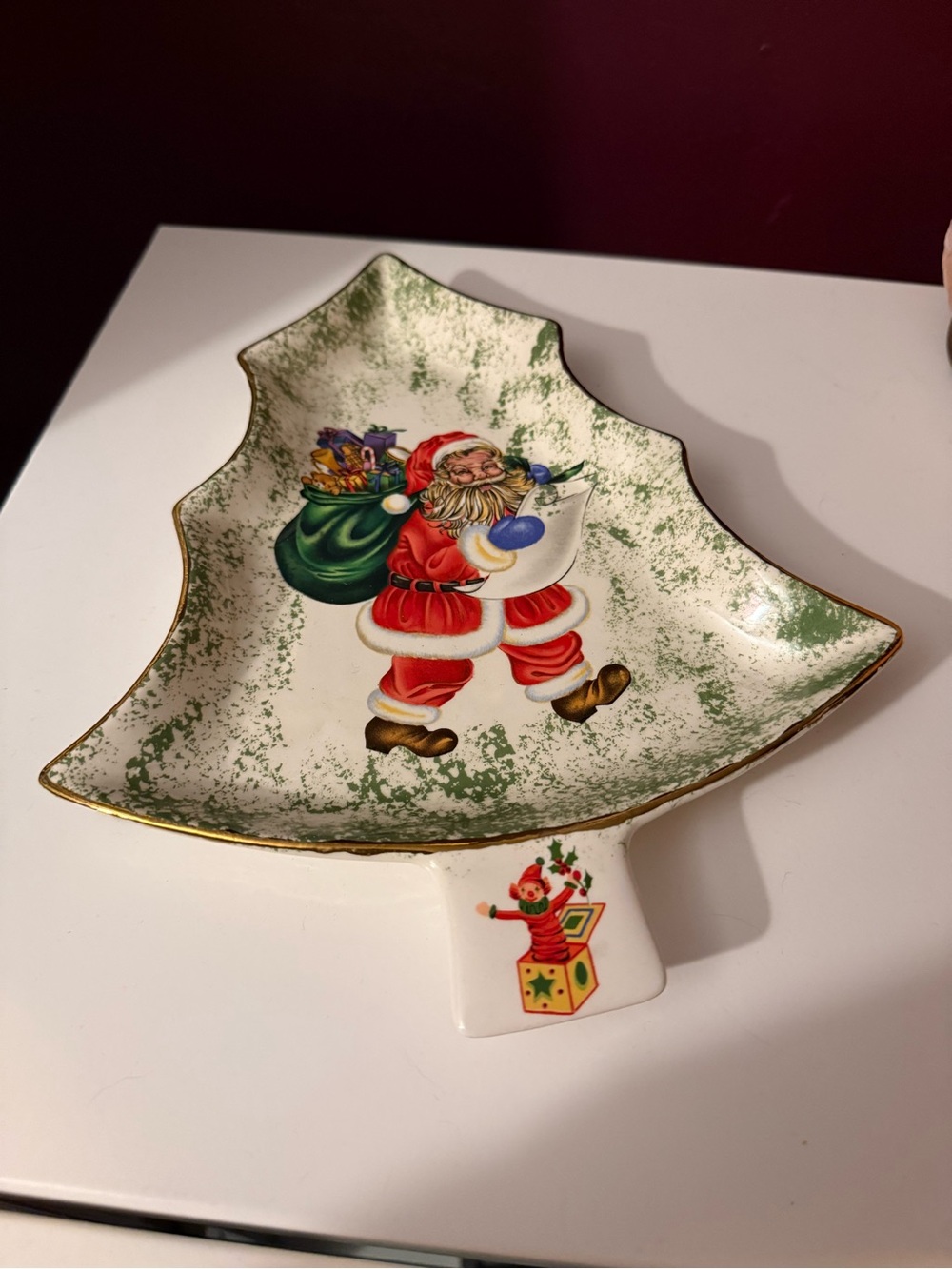 Vintage hand painted Ceramic Christmas Tree Dish with Santa Claus
